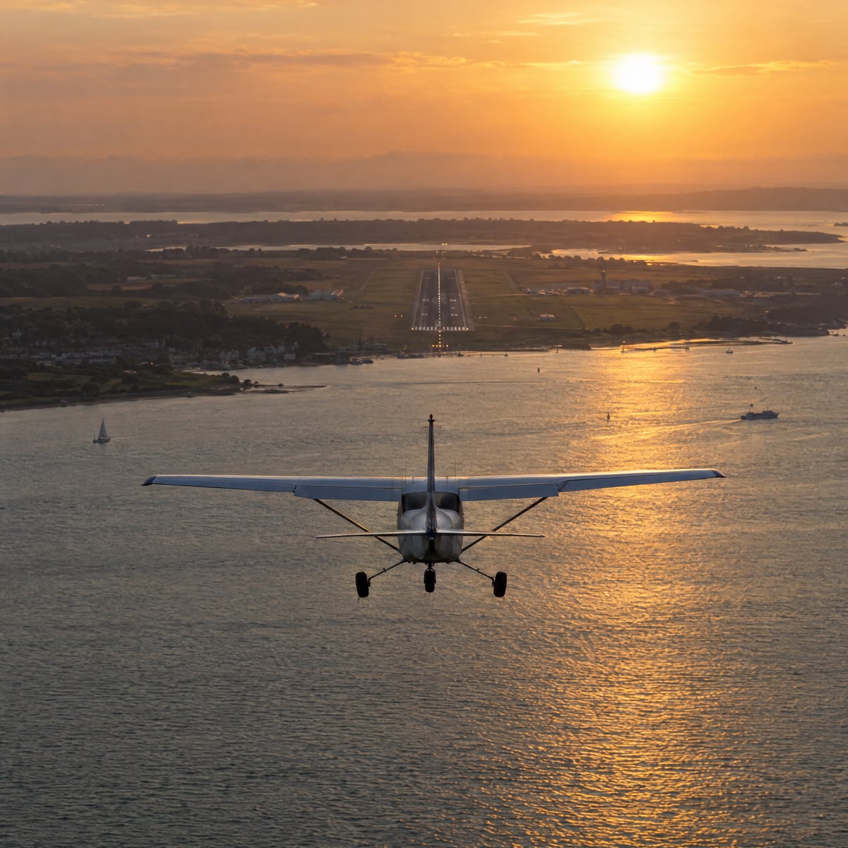 A Cessna on final approach over the Solent in evening light, printed as a navy halftone.