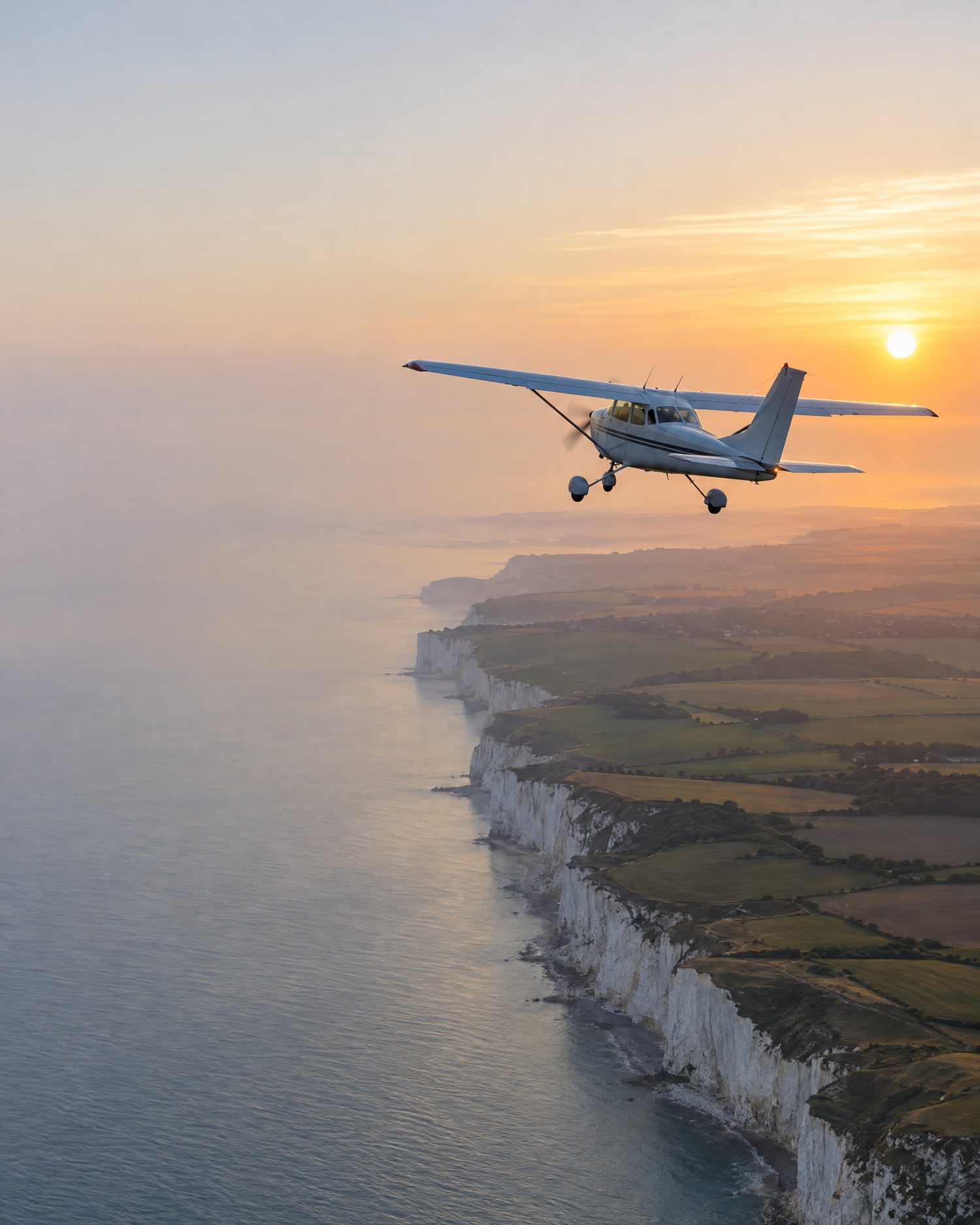 A Cessna 172 climbing out over the English coast at dawn, printed as a navy halftone.